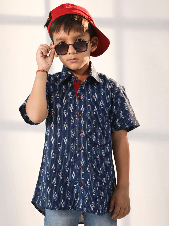 VASTRAMAY Boys' Navy Blue Ethnic Shirt