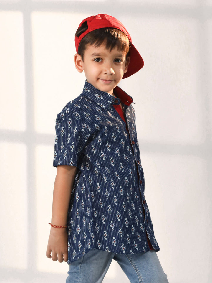 VASTRAMAY Boys' Navy Blue Ethnic Shirt