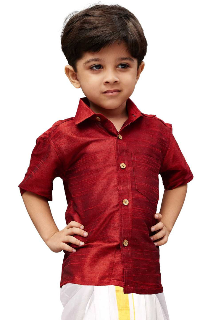 VASTRAMAY Boys Maroon Gold Opaque Ethnic Shirt