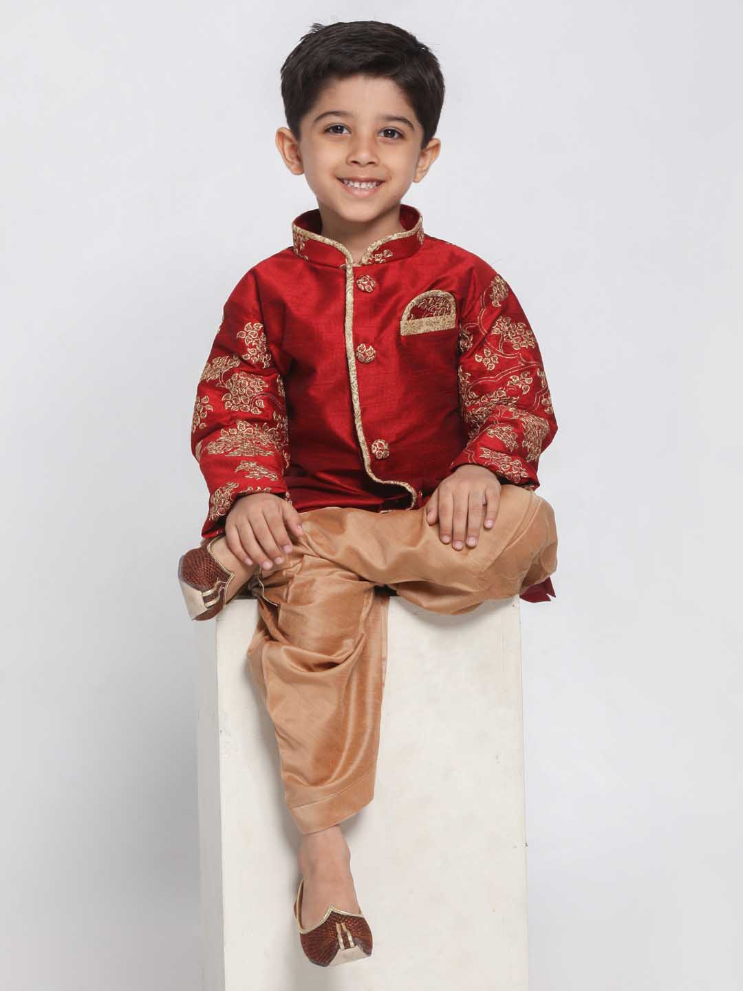 VASTRAMAY Boys' Maroon Cotton Silk Blend Kurta and Dhoti Pant Set