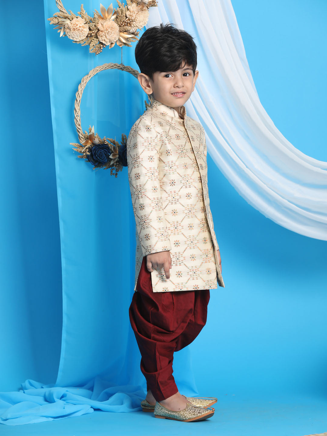 VASTRAMAY Boys Gold And Maroon Sherwani Set - qivii