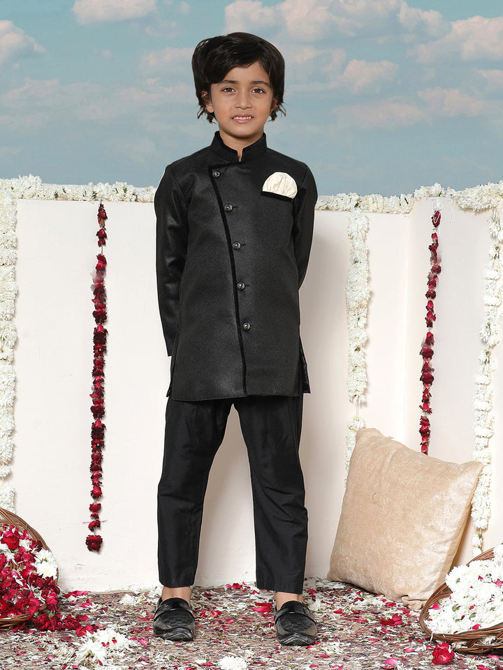 JBN Creation Boys Black and Gold Jute Blend Angrakha Style Sherwani and Pyjama Set