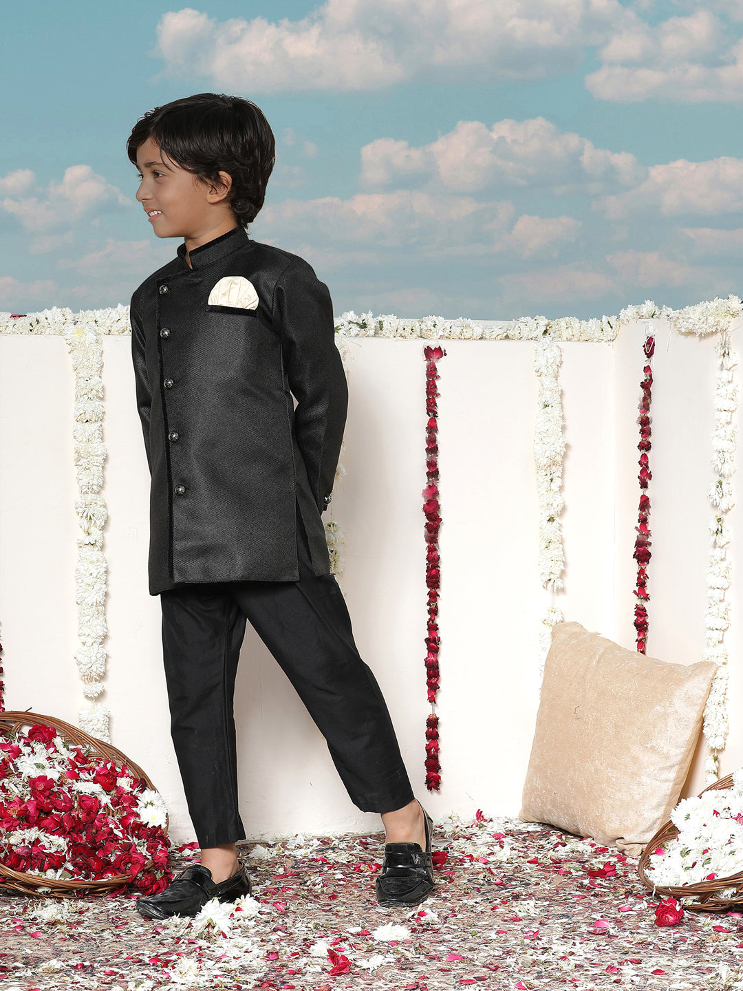 JBN Creation Boys Black and Gold Jute Blend Angrakha Style Sherwani and Pyjama Set