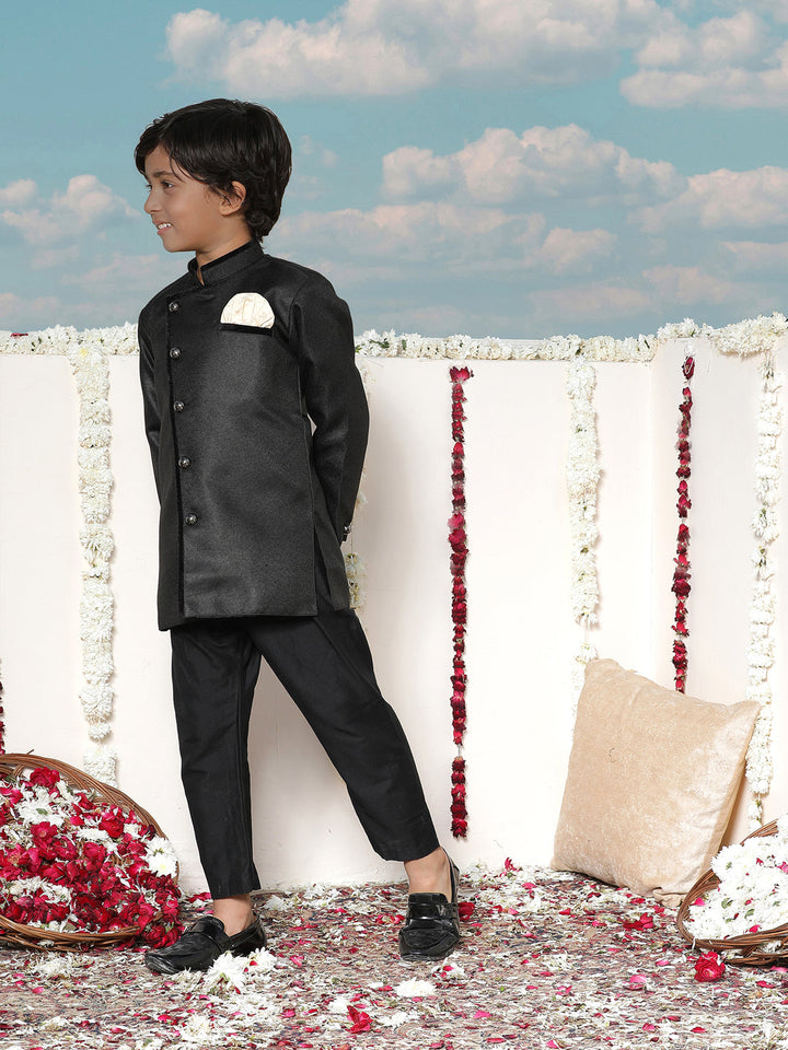 JBN Creation Boys Black and Gold Jute Blend Angrakha Style Sherwani and Pyjama Set