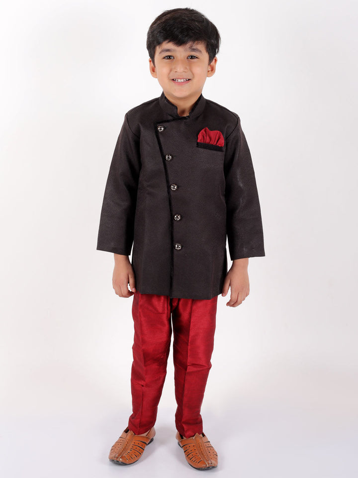 Vastramay Boys' Black Cotton Blend Sherwani And Pant Set