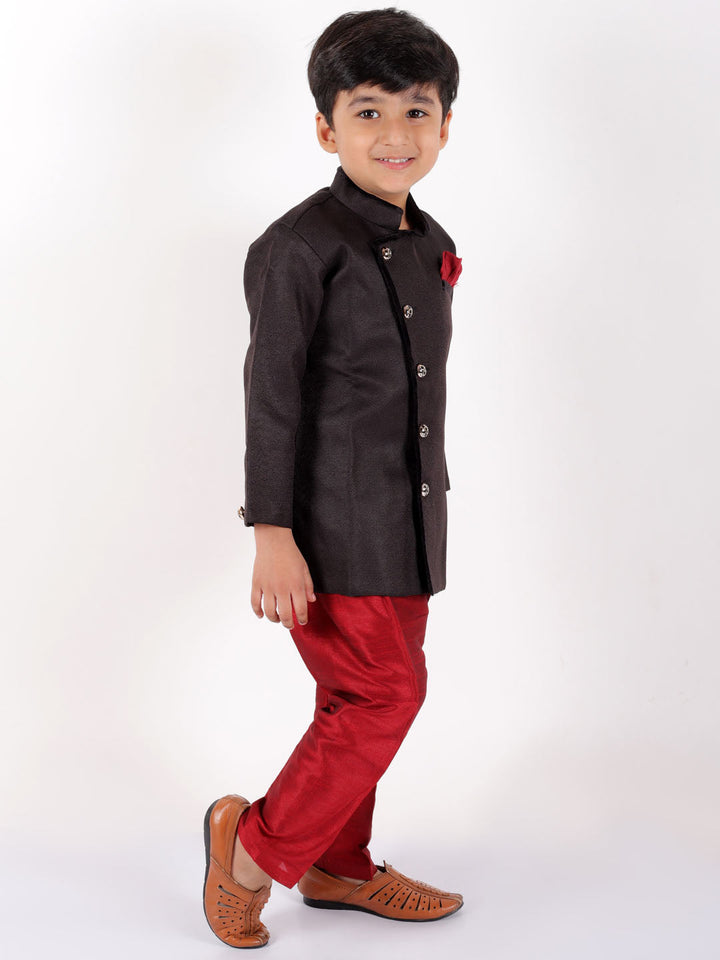 Vastramay Boys' Black Cotton Blend Sherwani And Pant Set