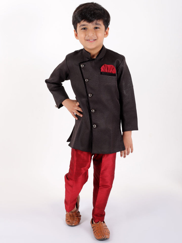 Vastramay Boys' Black Cotton Blend Sherwani And Pant Set