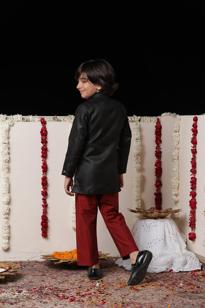 Vastramay Boys' Black Cotton Blend Sherwani And Pyjama Set