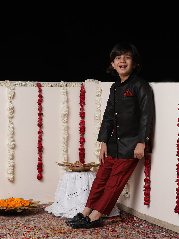 Vastramay Boys' Black Cotton Blend Sherwani And Pyjama Set