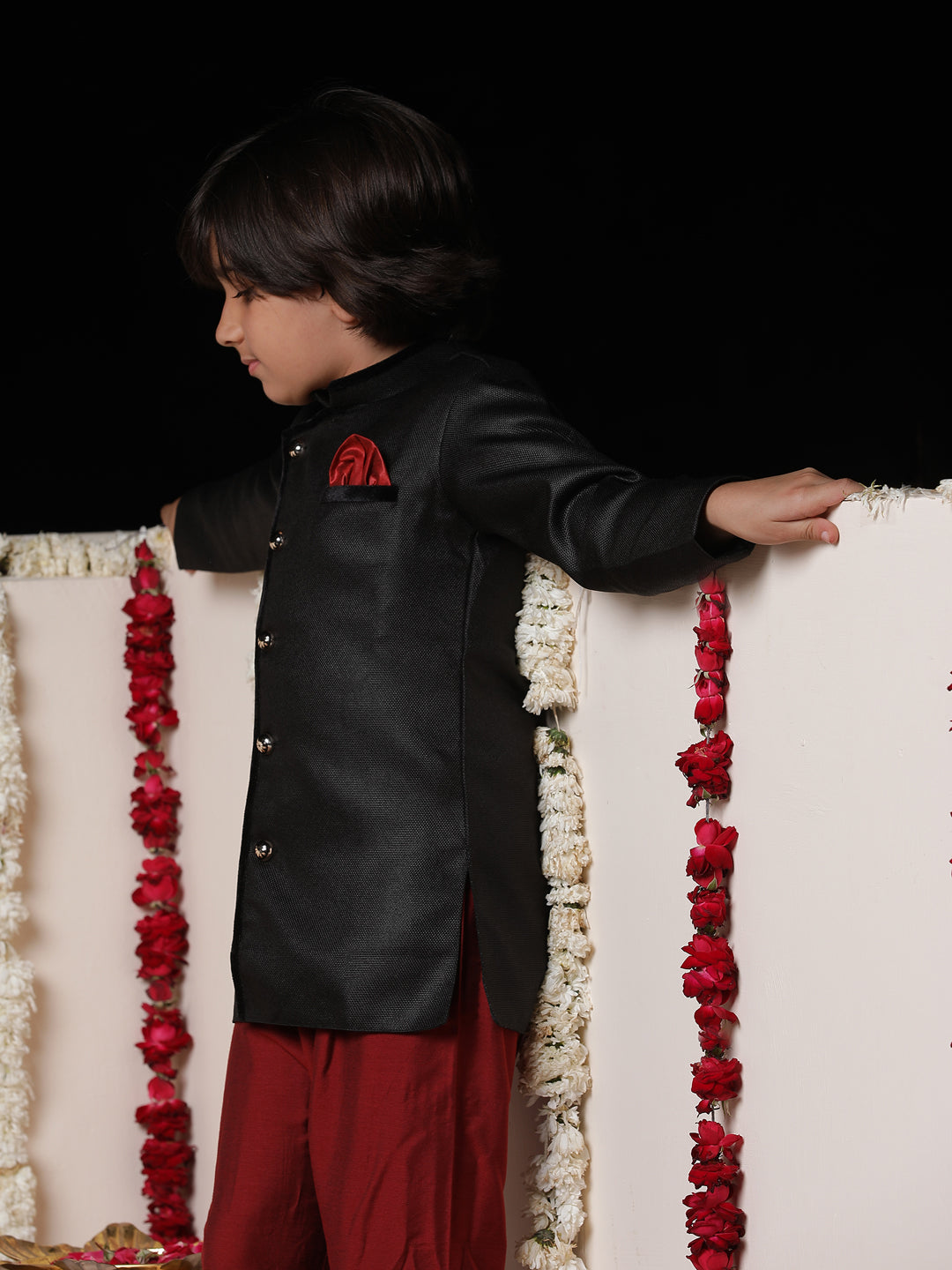 Vastramay Boys' Black Cotton Blend Sherwani And Pyjama Set