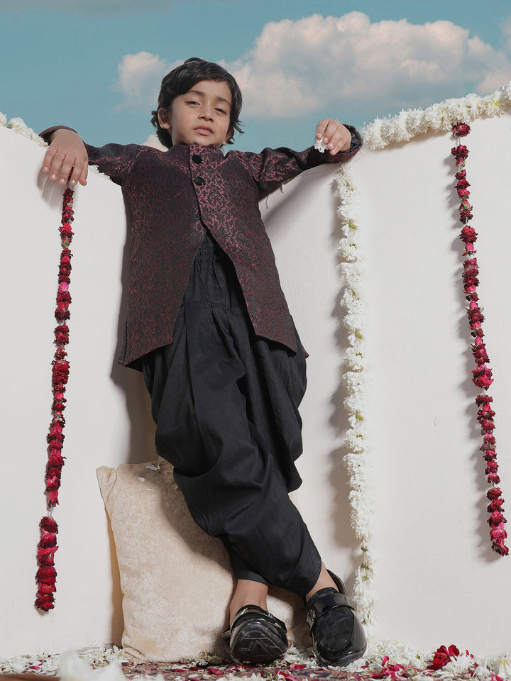 VASTRAMAY Boys' Maroon Silk Blend Sherwani