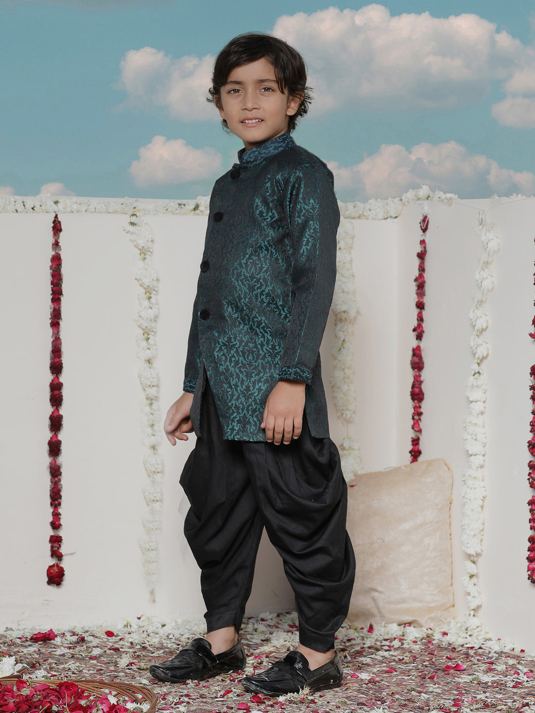 VASTRAMAY Boys' Turquoise Blue  Silk Blend Sherwani