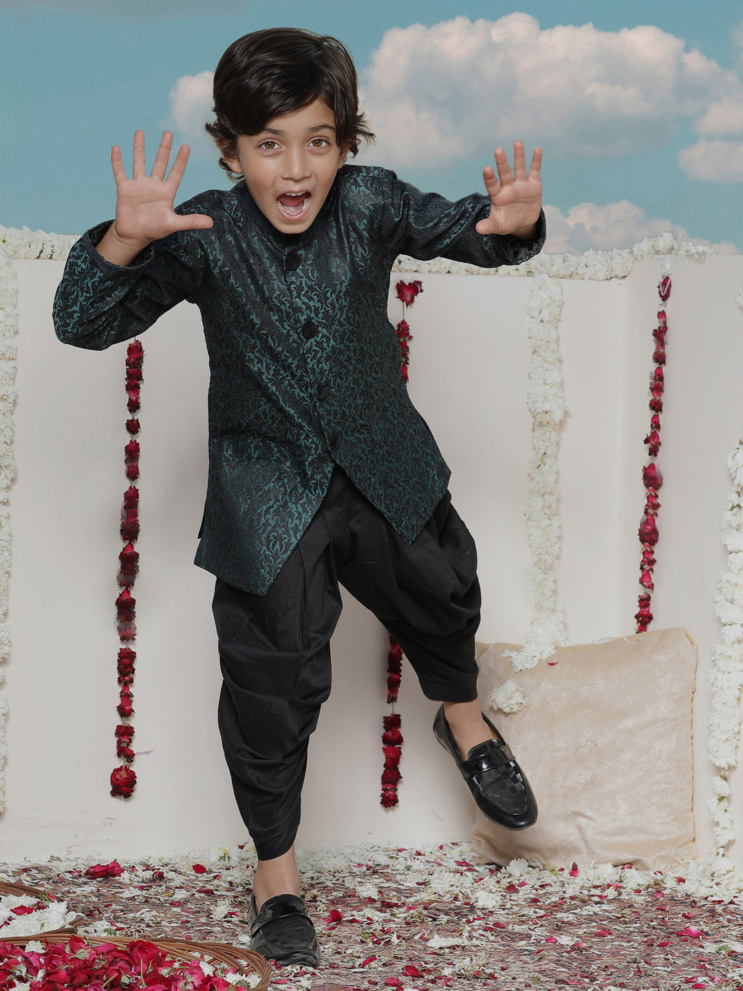 VASTRAMAY Boys' Turquoise Blue  Silk Blend Sherwani