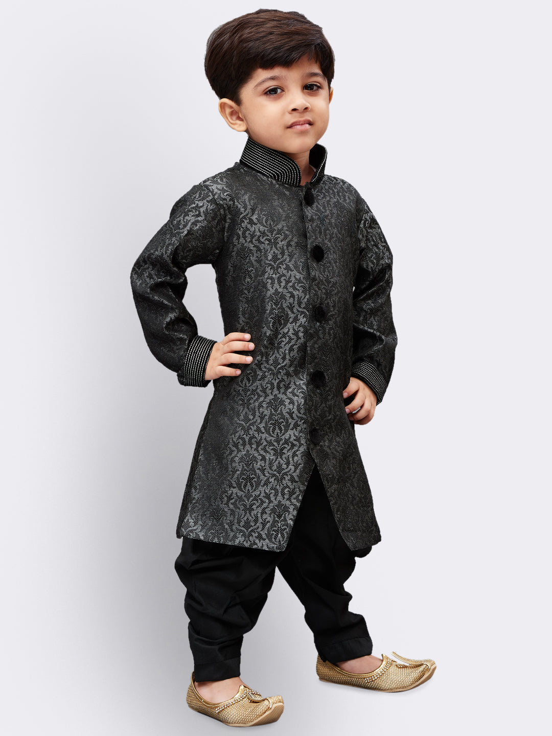 VASTRAMAY Boys' Grey Silk Blend Sherwani