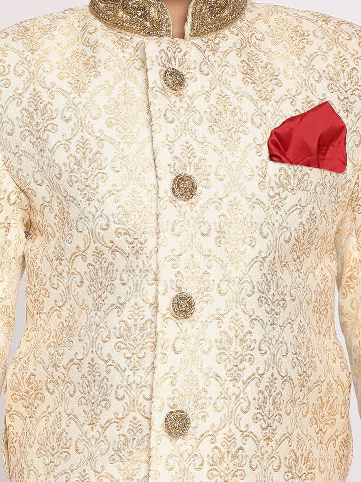 VASTRAMAY Boys Beige & Cream Woven Design Sherwani Set With Maroon Dupatta