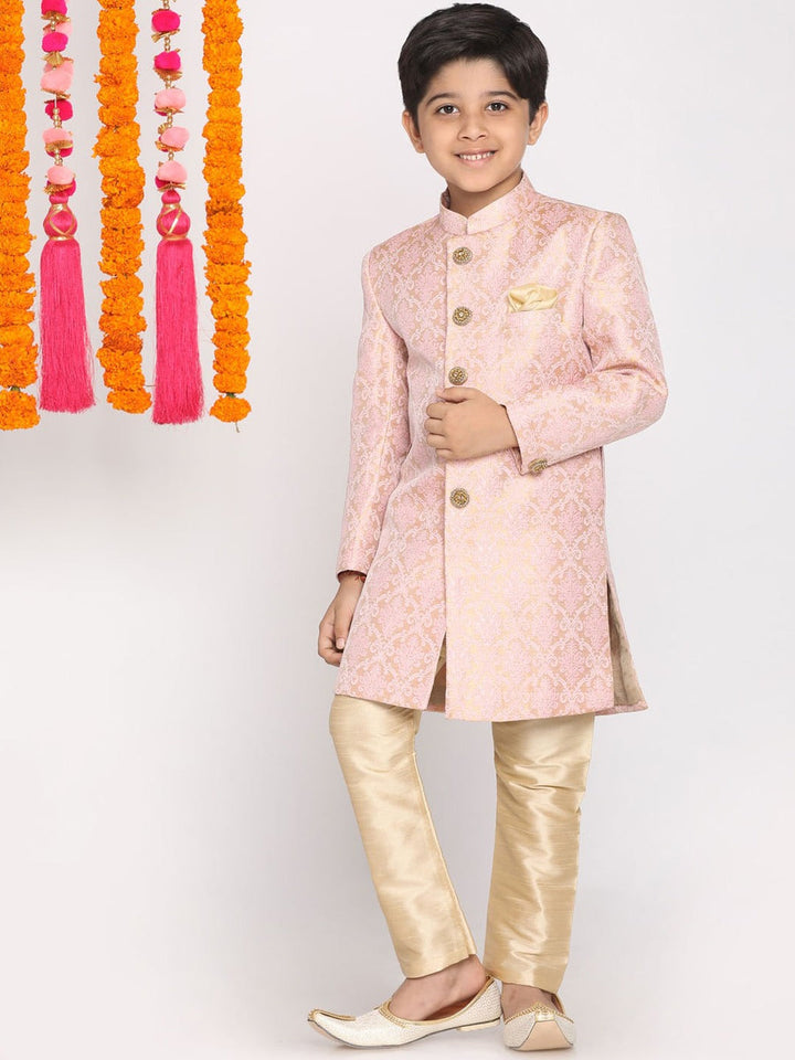 VASTRAMAY Boys Pink & Gold-Colored Woven-Design Brocade Slim Fit Sherwani Set