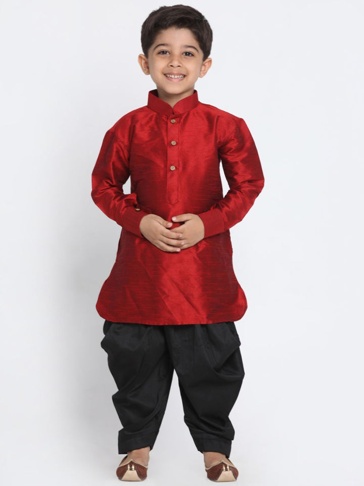 VASTRAMAY Boys' Maroon Cotton Silk Kurta and Dhoti Pant Set