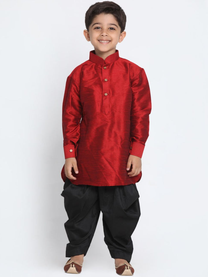 VASTRAMAY Boys' Maroon Cotton Silk Kurta and Dhoti Pant Set