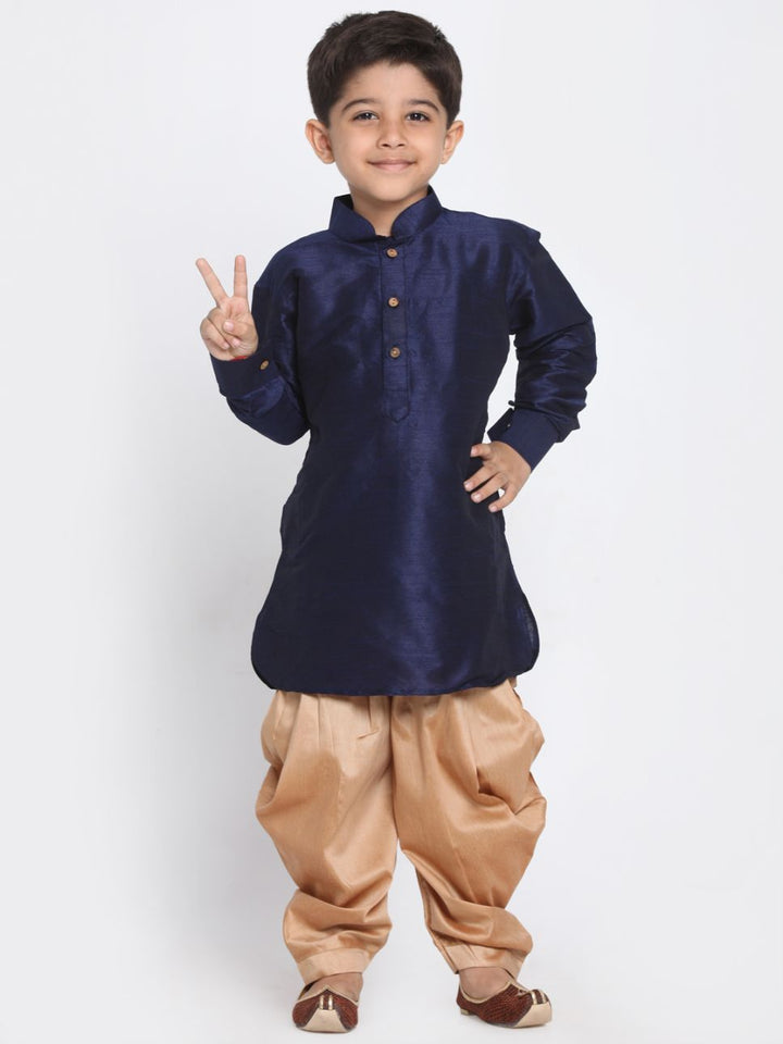 VASTRAMAY Boys' Navy Blue Cotton Silk Blend Kurta and Dhoti Pant Set