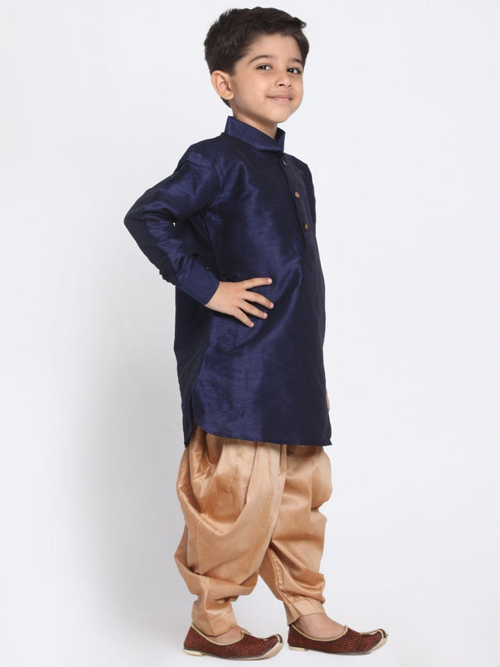 VASTRAMAY Boys' Navy Blue Cotton Silk Blend Kurta and Dhoti Pant Set