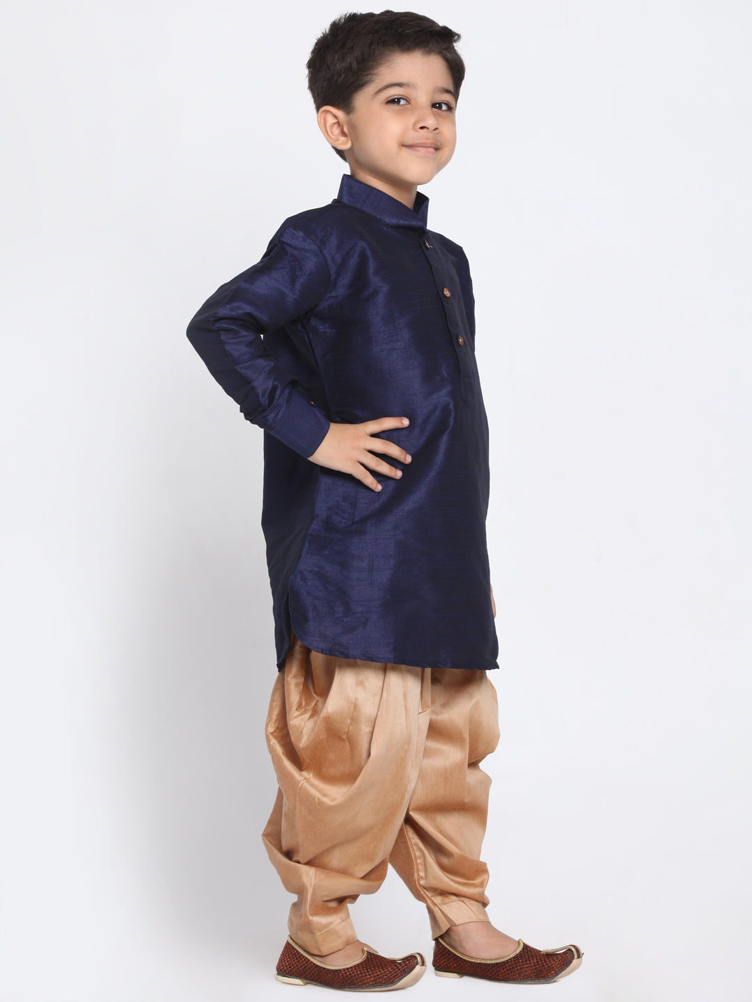 Vastramay Silk Blend Navy Blue And Rose Gold Baap Beta Dhoti Kurta Set