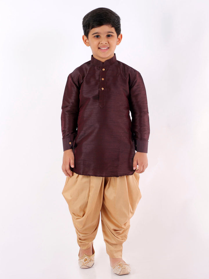 VASTRAMAY Boys' Wine Cotton Silk Blend Kurta and Dhoti Pant Set