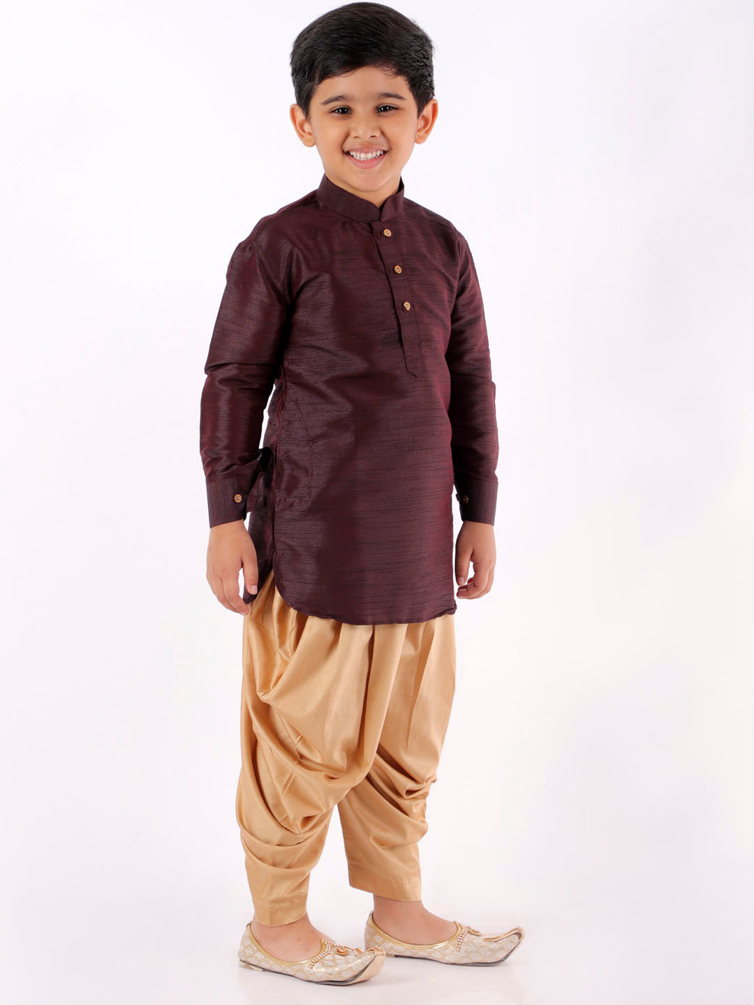 VASTRAMAY Boys' Wine Cotton Silk Blend Kurta and Dhoti Pant Set