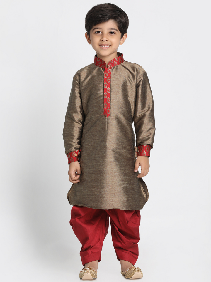 VASTRAMAY Boys' Gold Cotton Silk Blend Kurta and Dhoti Pant Set