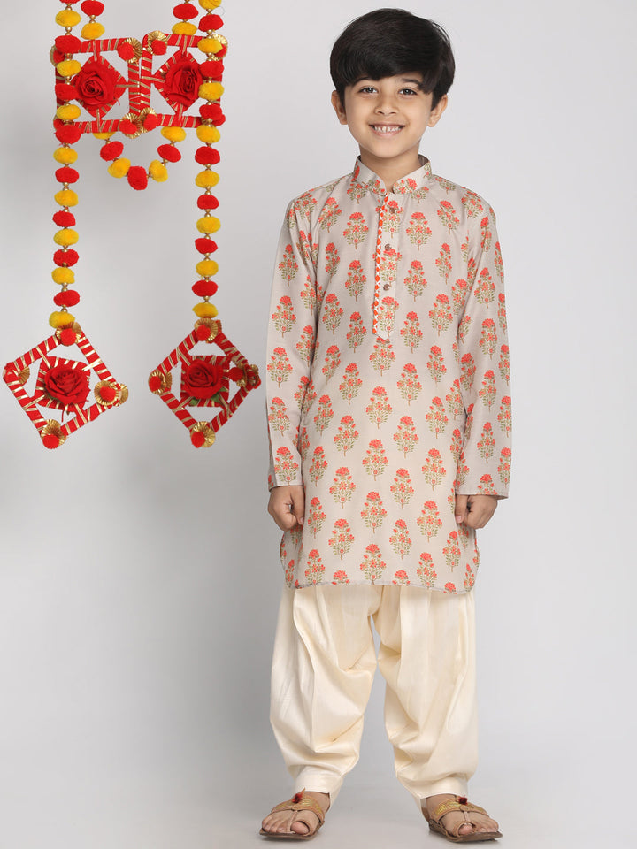 VASTRAMAY Boys' Multicolor-Base-Beige Printed Kurta