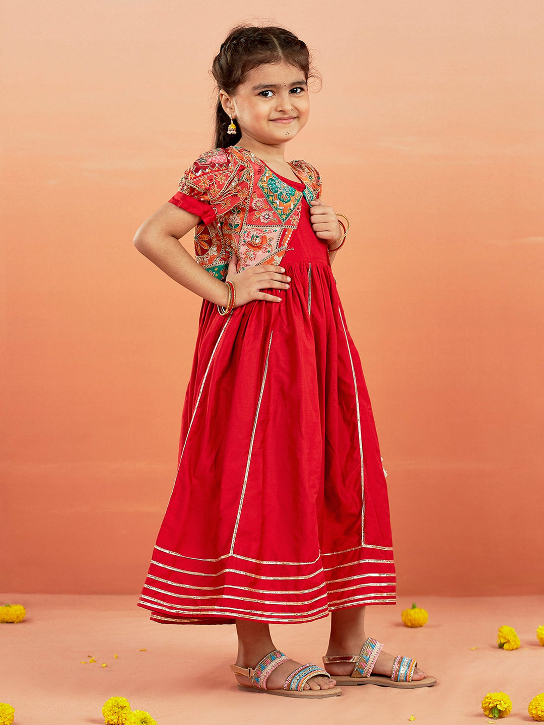 VASTRAMAY Girls' Red Anarkali Set