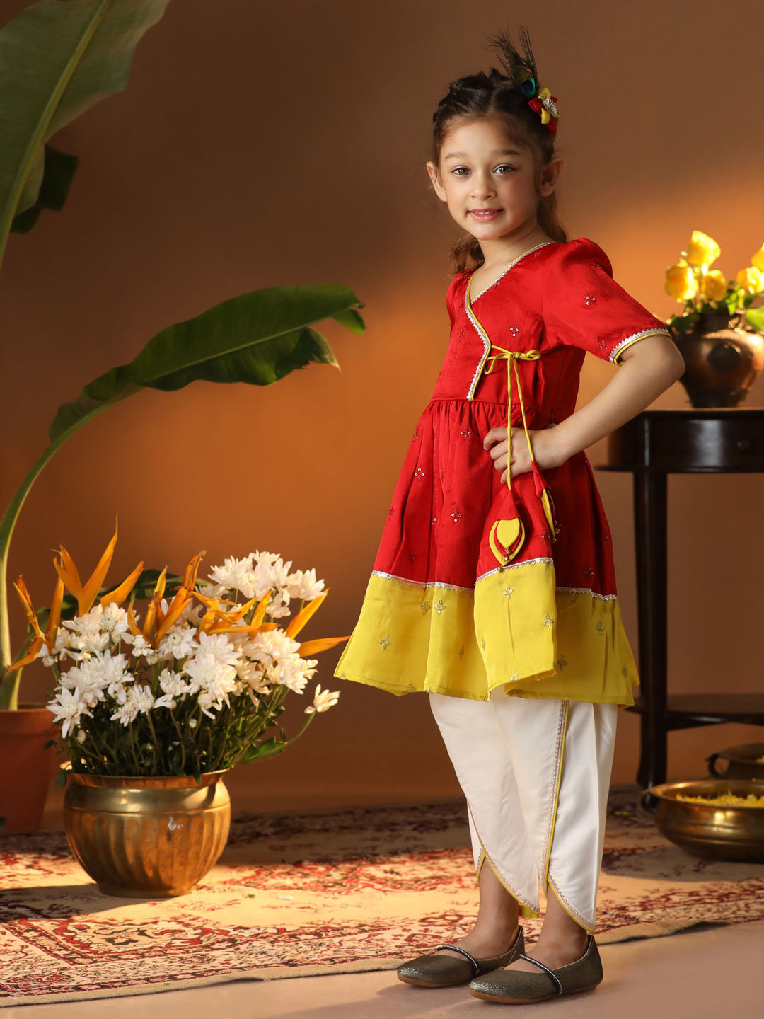 VASTRAMAY Girls' Red And Cream Dhoti Kurta Set