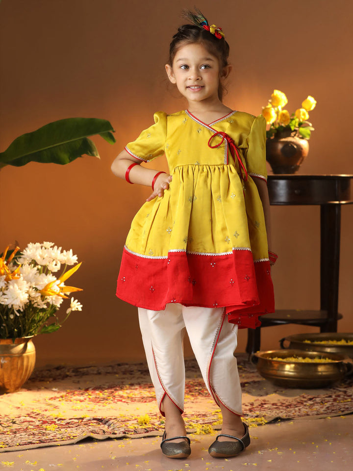 VASTRAMAY Girls' Yellow And Cream Dhoti Kurta Set