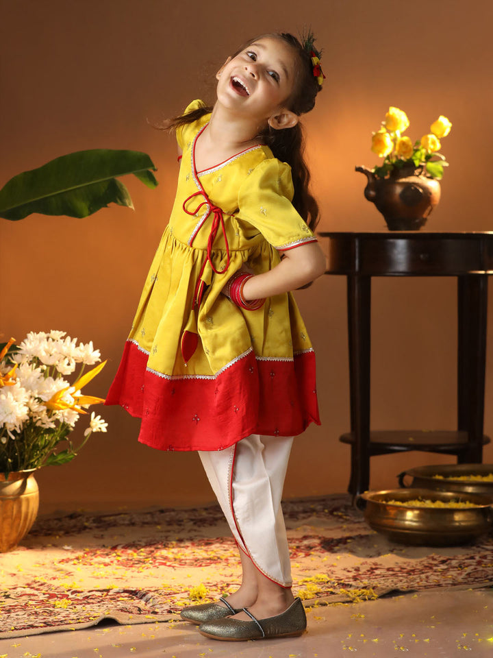 VASTRAMAY Girls' Yellow And Cream Dhoti Kurta Set