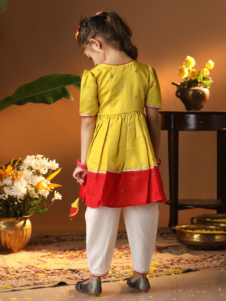 VASTRAMAY Girls' Yellow And Cream Dhoti Kurta Set