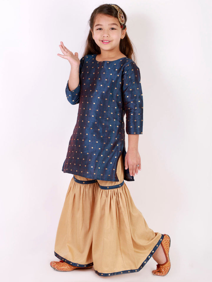 VASTRAMAY Girls' Blue Zari Kurta And Rose Gold Sharara Set