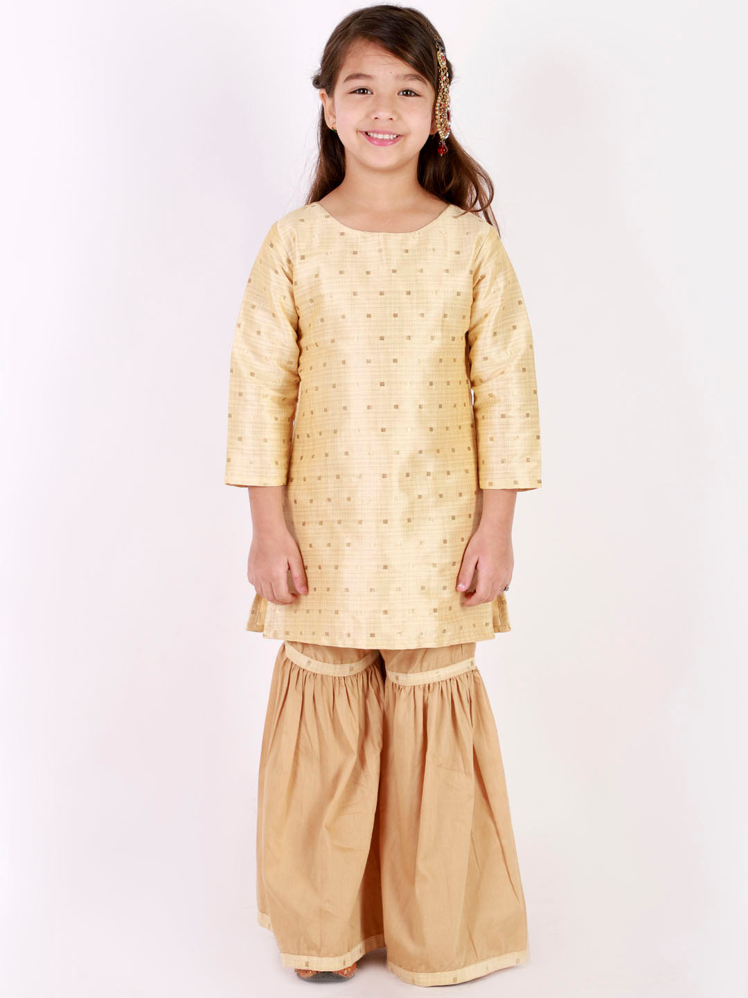 VASTRAMAY Girls' Gold Zari Kurta And Rose Gold Sharara Set