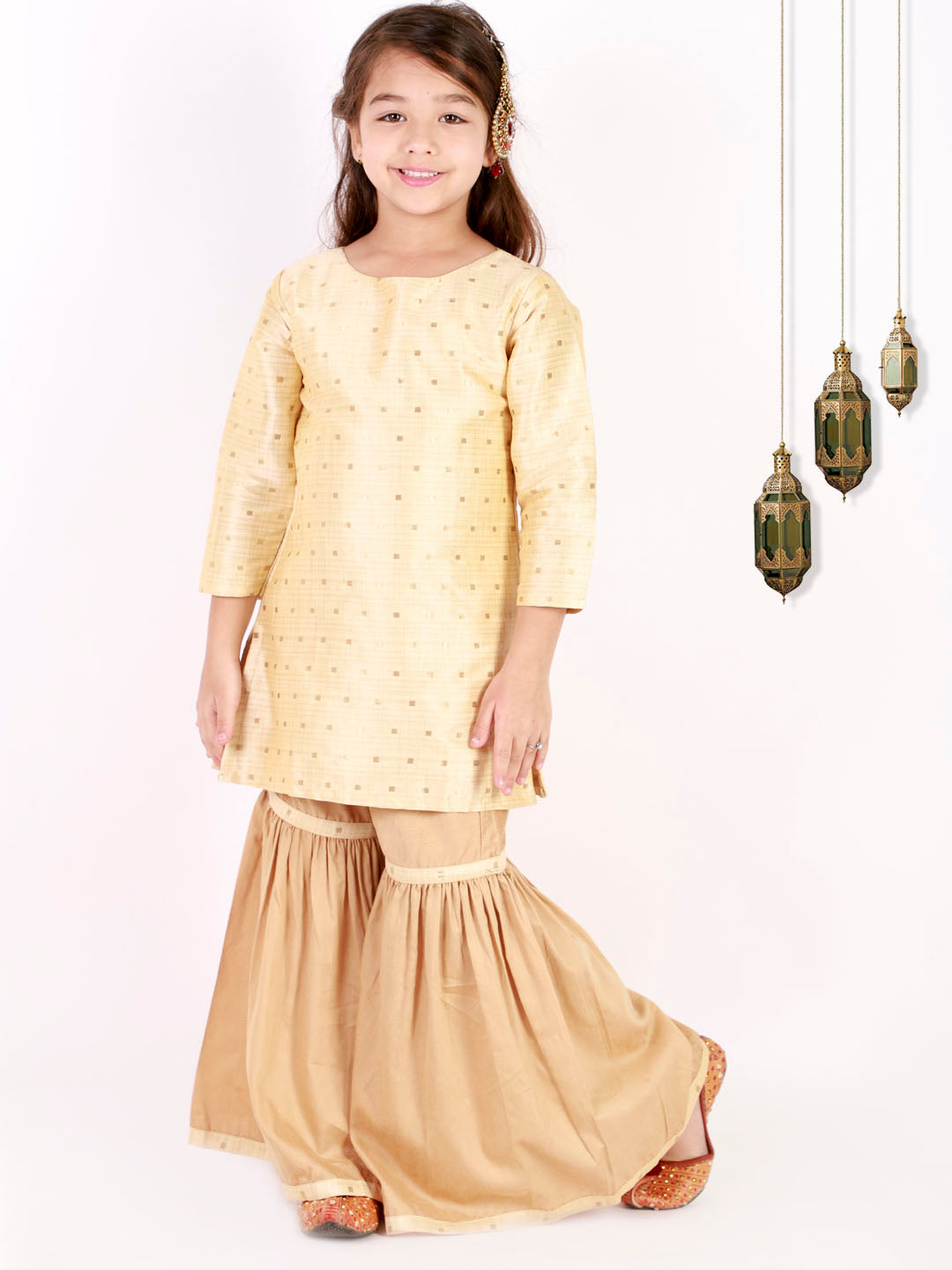 VASTRAMAY Girls' Gold Zari Kurta And Rose Gold Sharara Set