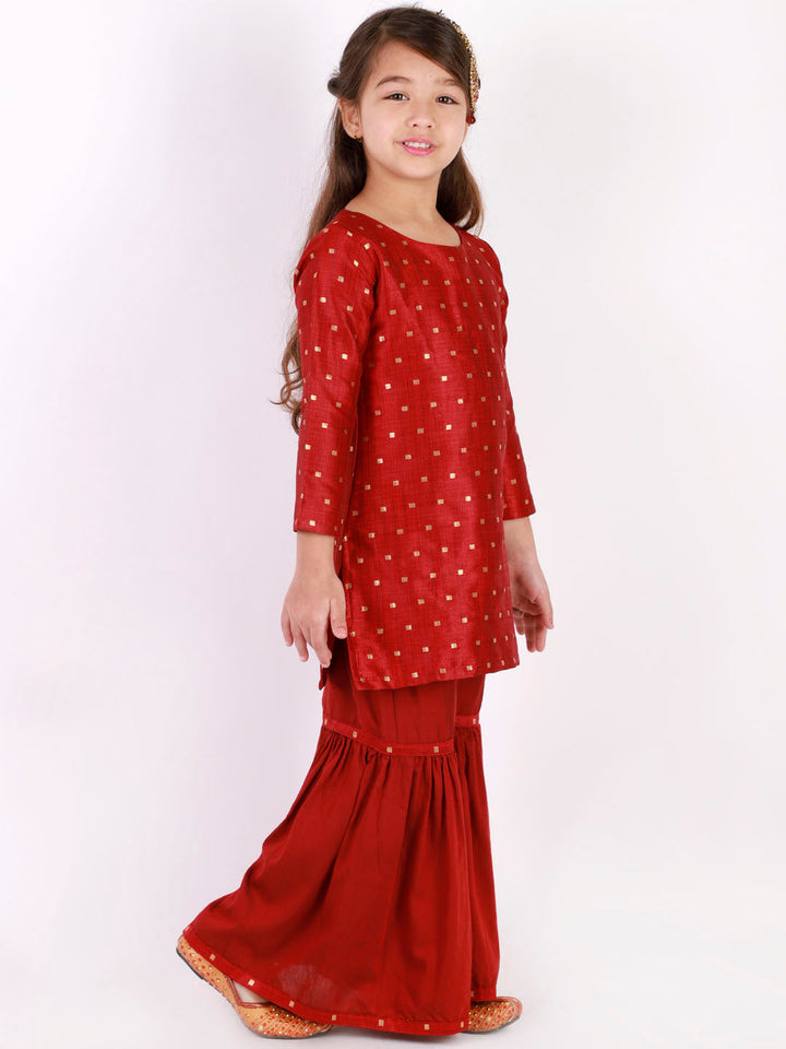 VASTRAMAY Girls' Maroon Zari Kurta And Sharara Set