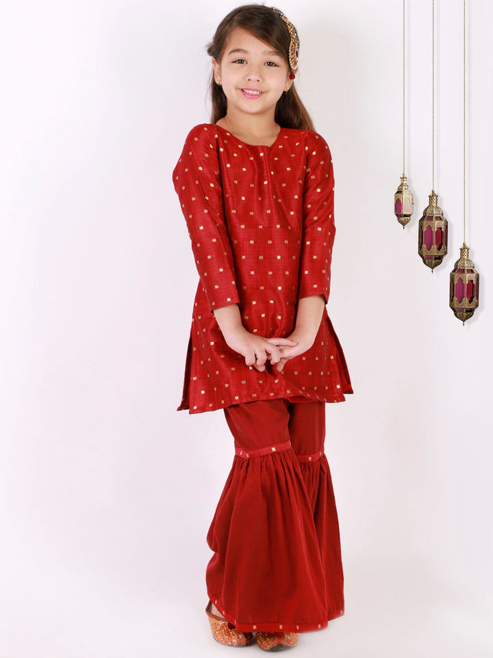 VASTRAMAY Girls' Maroon Zari Kurta And Sharara Set