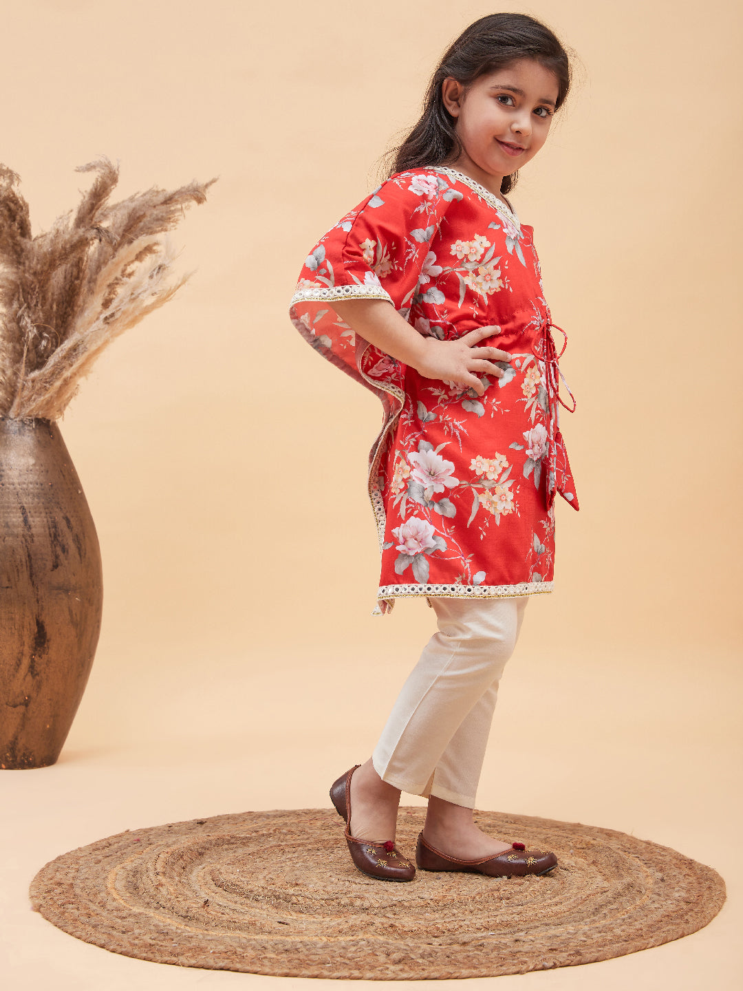 VASTRAMAY Girls Red Floral Printed Kaftan Kurta With Cream Pant Set