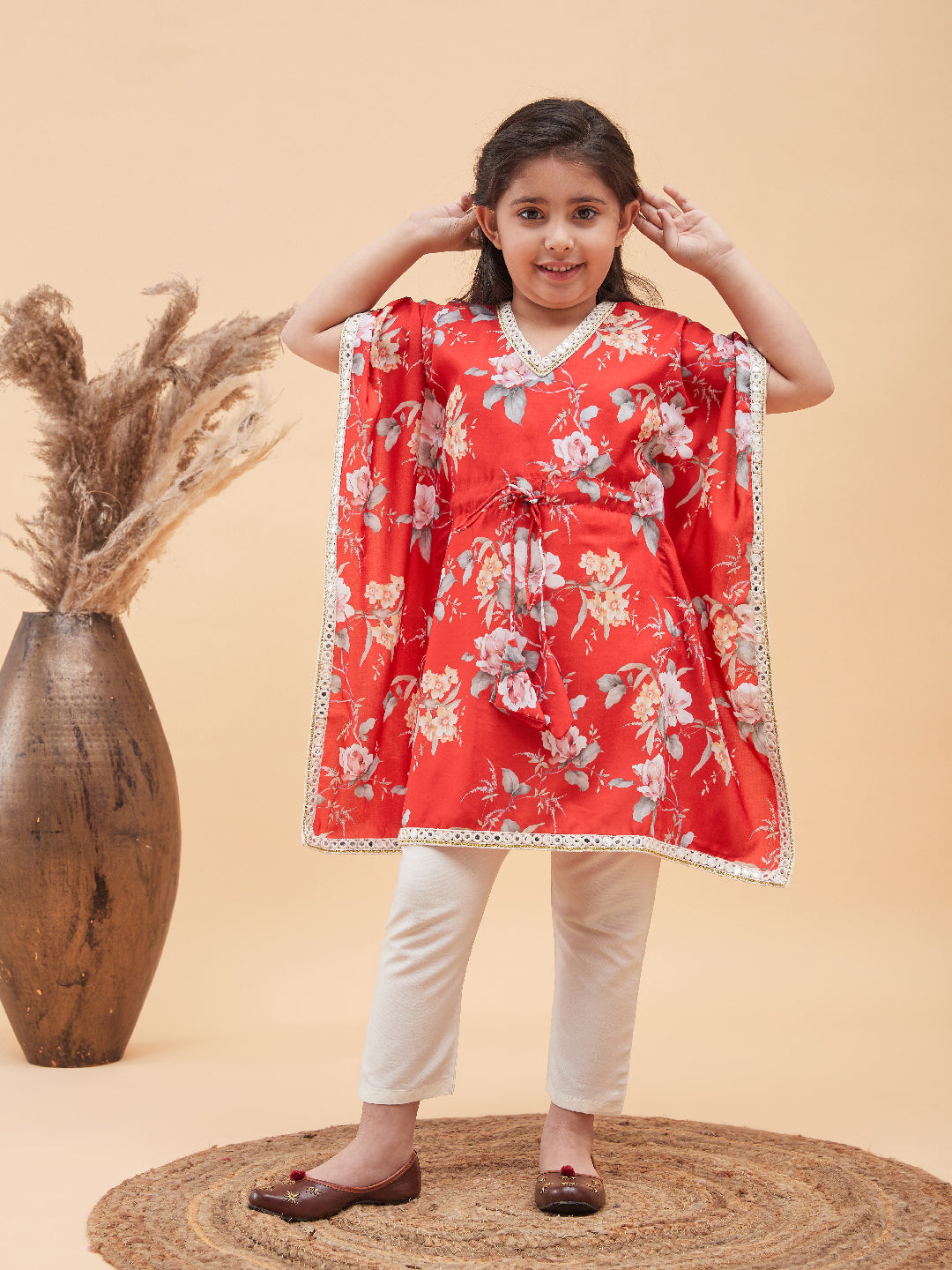 VASTRAMAY Girls Red Floral Printed Kaftan Kurta With Cream Pant Set