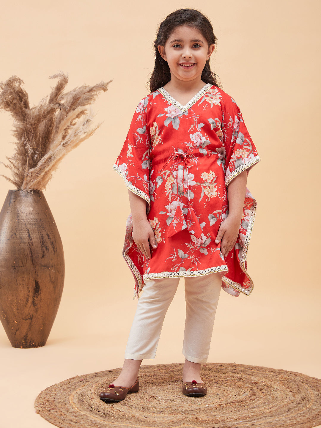 VASTRAMAY Girls Red Floral Printed Kaftan Kurta With Cream Pant Set