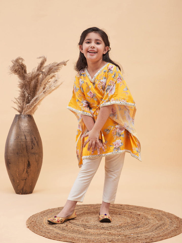 VASTRAMAY Girls Yellow Floral Printed Kaftan Kurta With Cream Pant Set