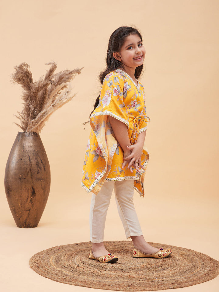 VASTRAMAY Girls Yellow Floral Printed Kaftan Kurta With Cream Pant Set