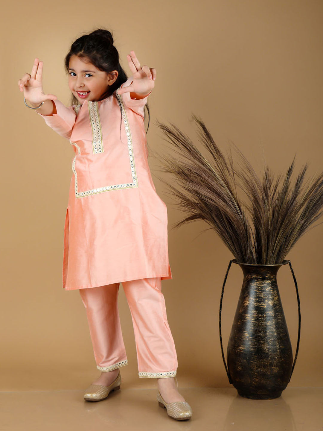 VASTRAMAY Girls' Pink Viscose Kurta Pant Set