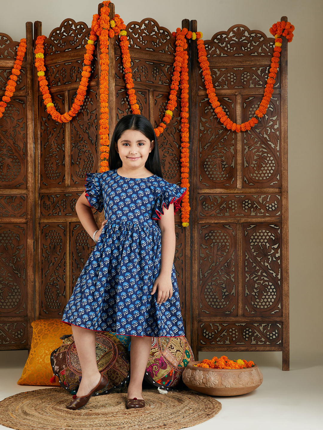 VASTRAMAY Girl's Blue Printed Frock