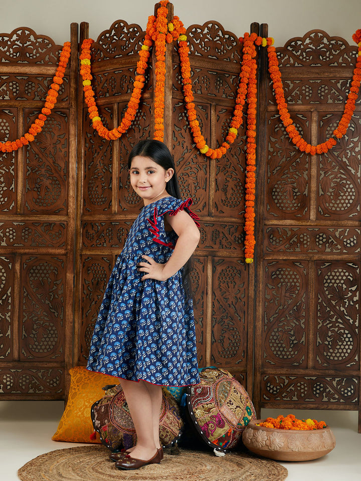 VASTRAMAY Girl's Blue Printed Frock