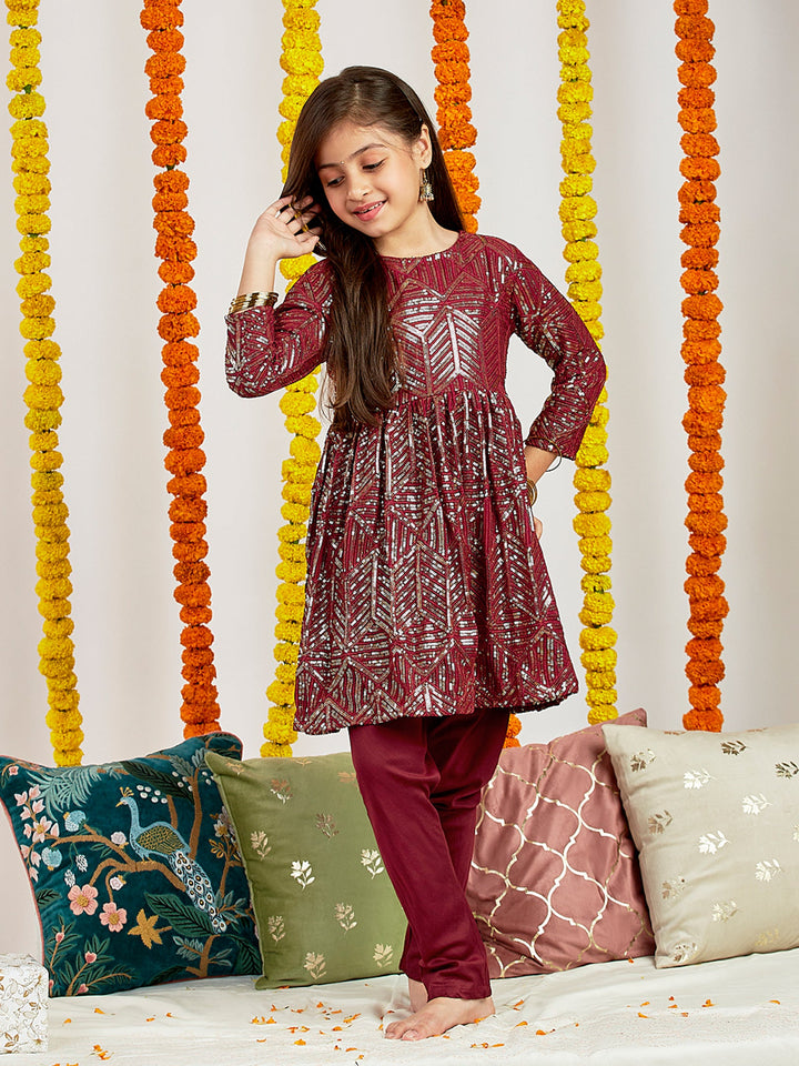 VASTRAMAY Girls' Maroon Embellished Kurta Pyjama Set