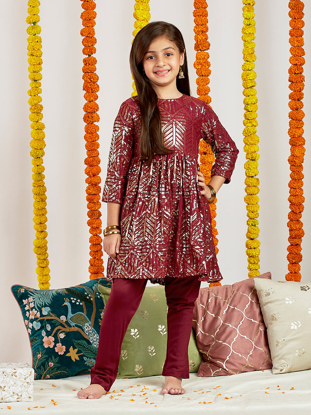 VASTRAMAY Girls' Maroon Embellished Kurta Pyjama Set