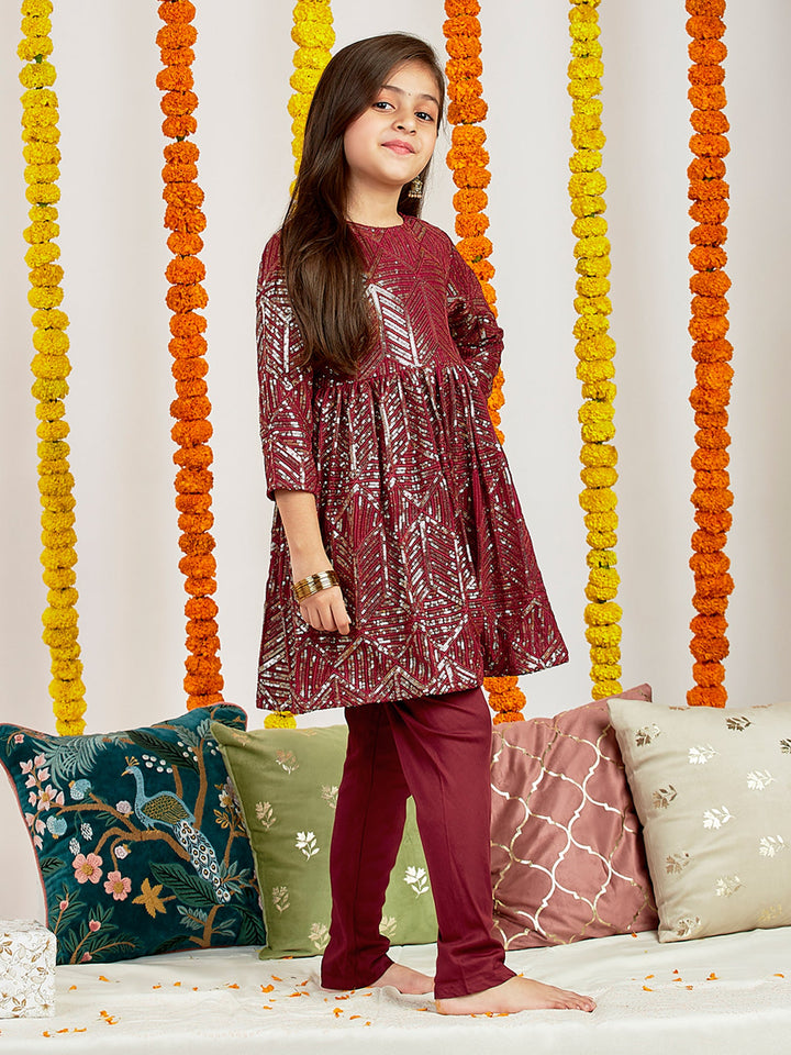 VASTRAMAY Girls' Maroon Embellished Kurta Pyjama Set